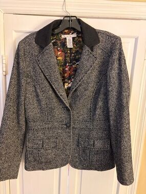 CAbi Charcoal Gray Wool-Blend Blazer with Contrast Black Collar